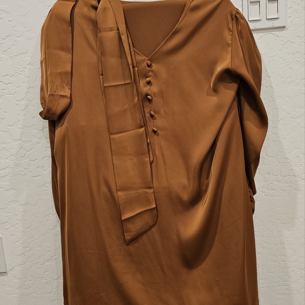 Brown Long Sleeve Tie Front Midi Dress